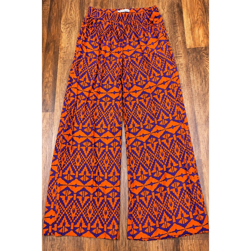 BOHO WIDE LEG PALAZZO PANTS WOMENS L ORANGE PURPLE BLUE GEOMETRIC